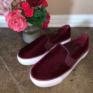 Maroon suede slip ons